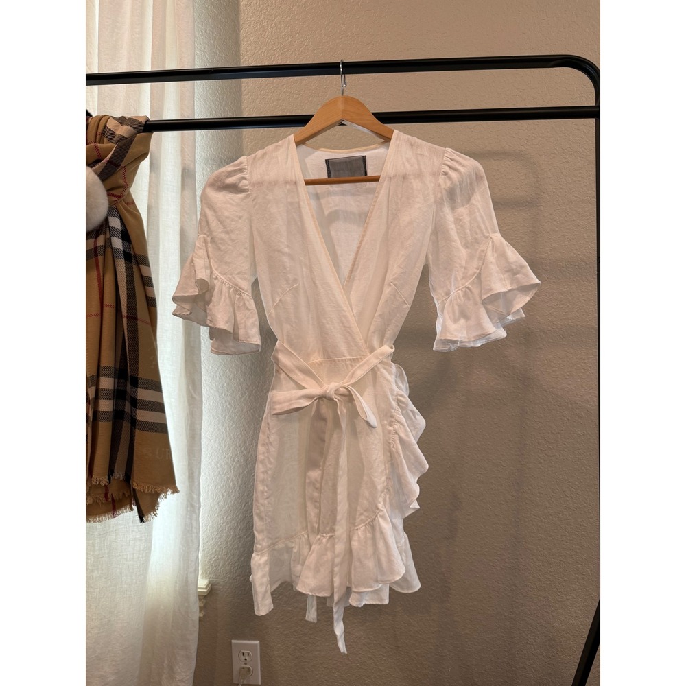 Reformation White 100% Linen Ruffle Wrap Mini Dress XS Short Sleeve V-Neck